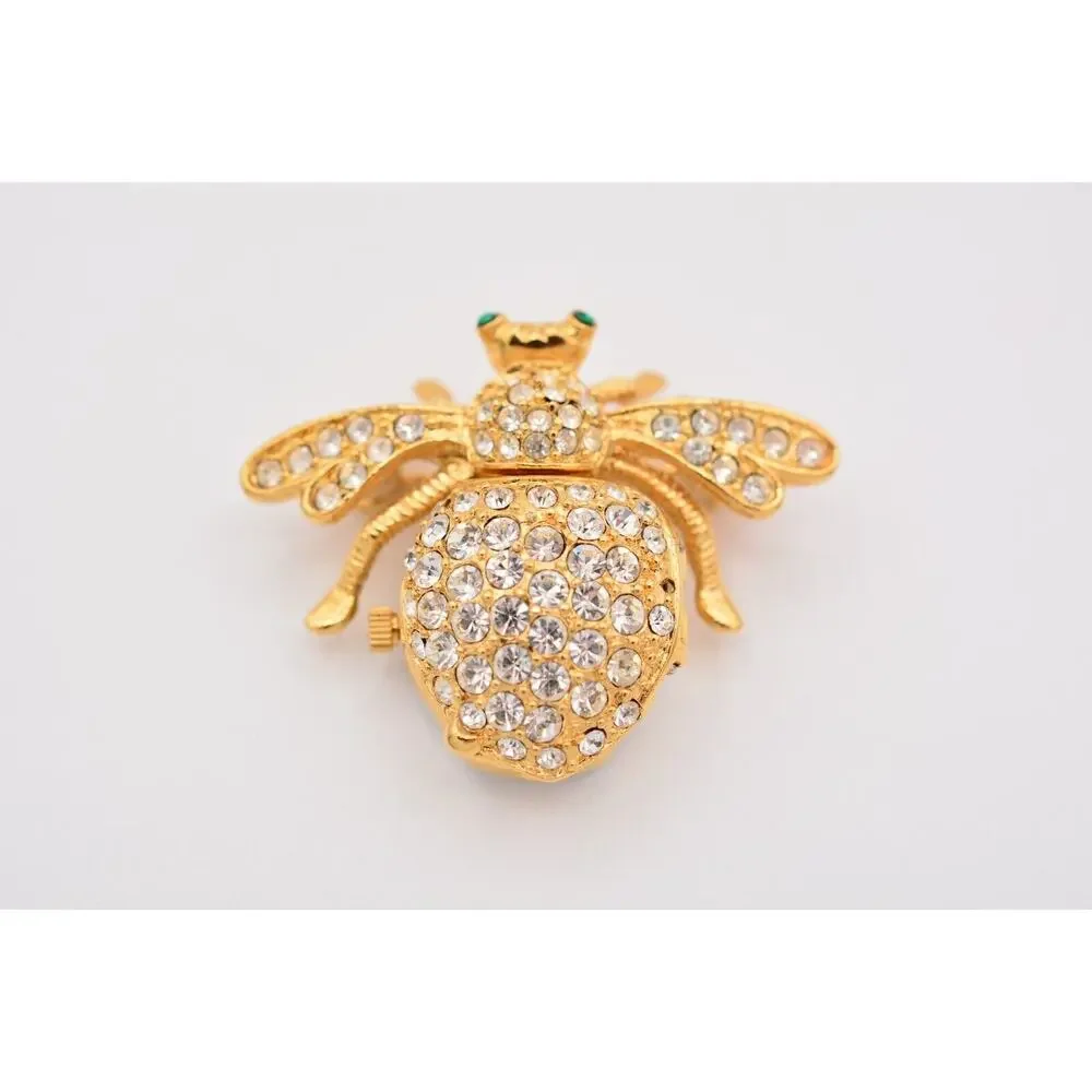 Joan Rivers Vintage Fly Watch Pin Brooch Rhinestone Crystal Gold Signed Bin5A